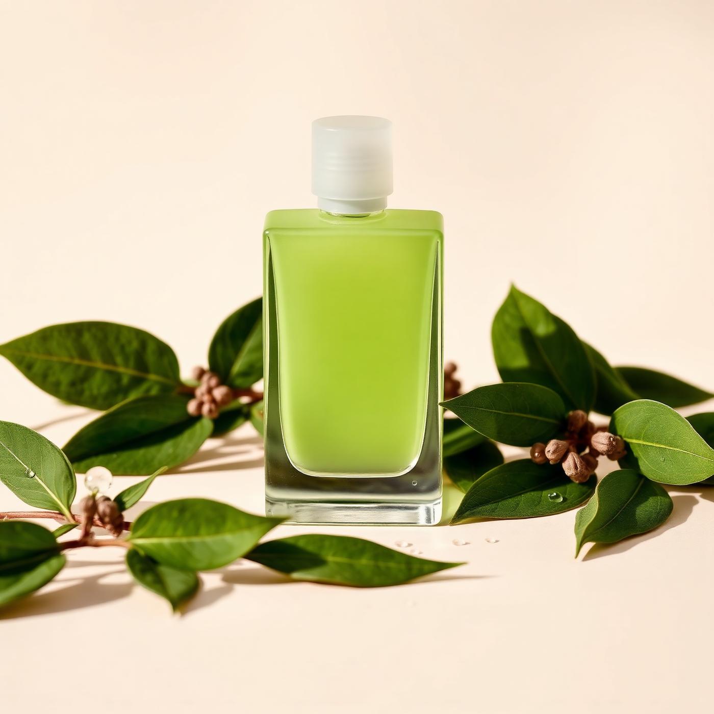 Matcha green perfume bottle with fresh botanicals